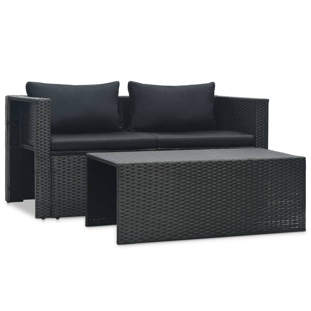 6-részes fekete polyrattan kerti bútorszett párnákkal