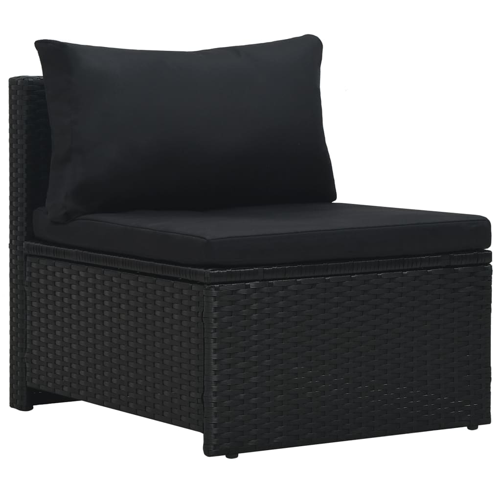 6-részes fekete polyrattan kerti bútorszett párnákkal