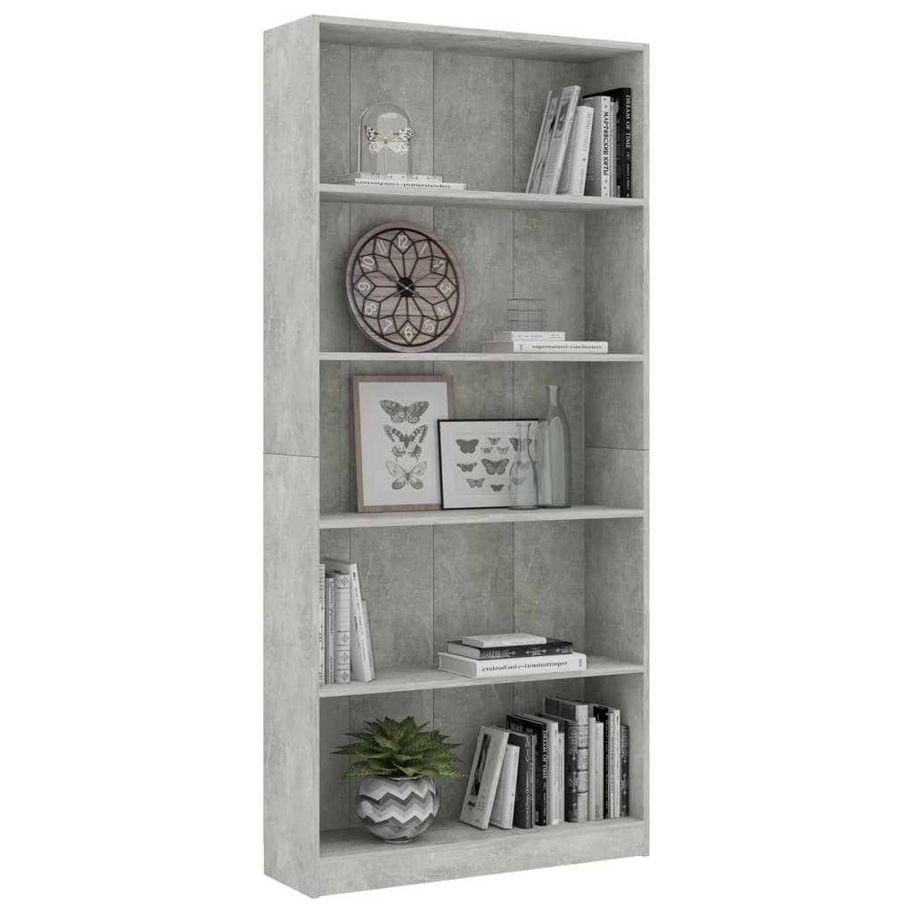 5-szintes betonszürke szerelt fa könyvszekrény 80 x 24 x 175 cm