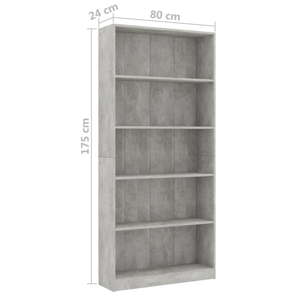 5-szintes betonszürke szerelt fa könyvszekrény 80 x 24 x 175 cm