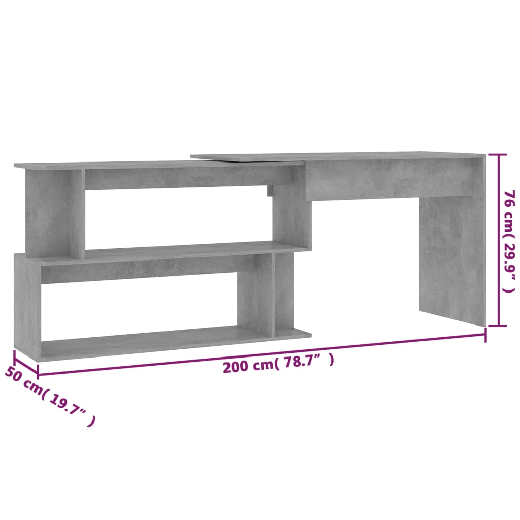 betonszürke szerelt fa sarokasztal 200 x 50 x 76 cm