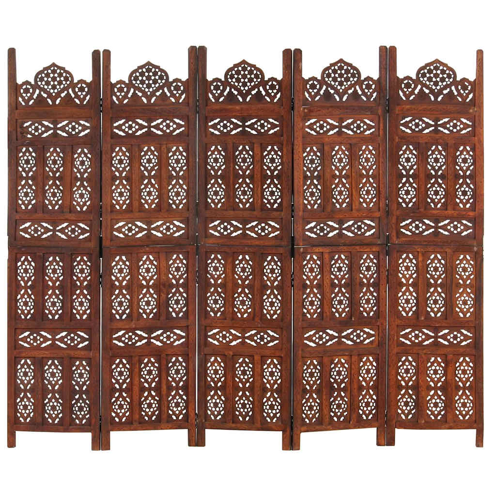 5-paneles barna mangófa kézzel faragott térelválasztó 200x165cm