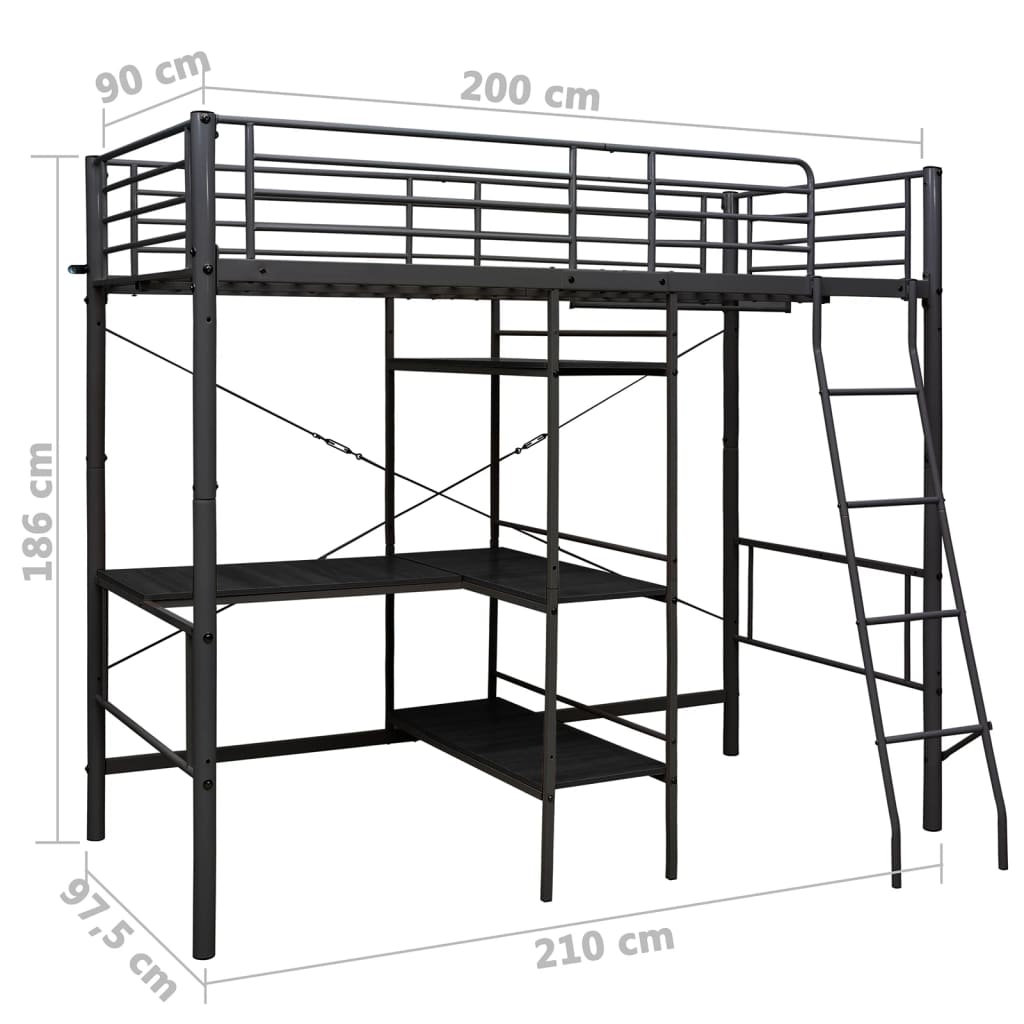 fekete fém emeletes ágykeret asztallal 90 x 200 cm