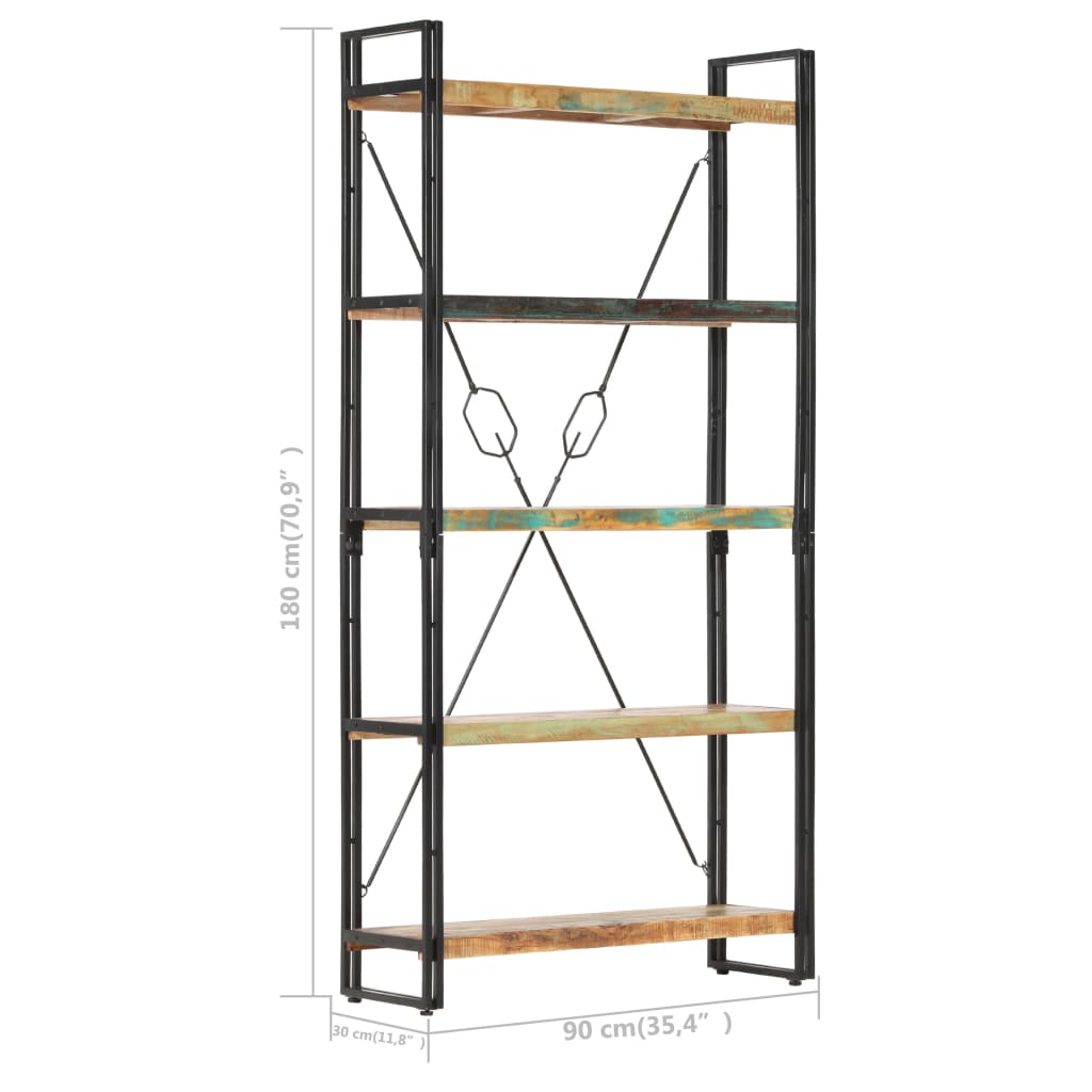 5 szintes tömör újrahasznosított fa könyvespolc 90x30x180 cm