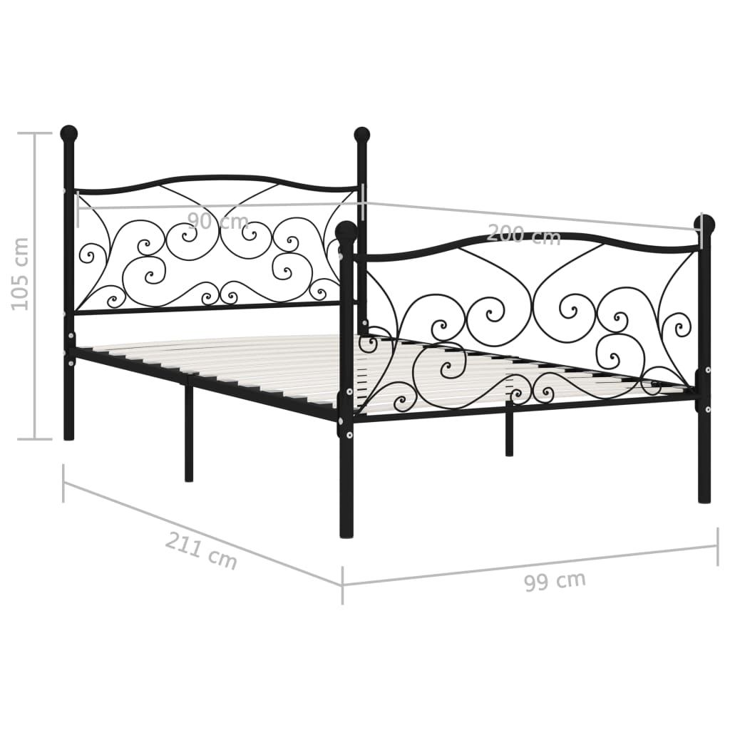 fekete fém ágykeret lécezett ágyráccsal 90 x 200 cm