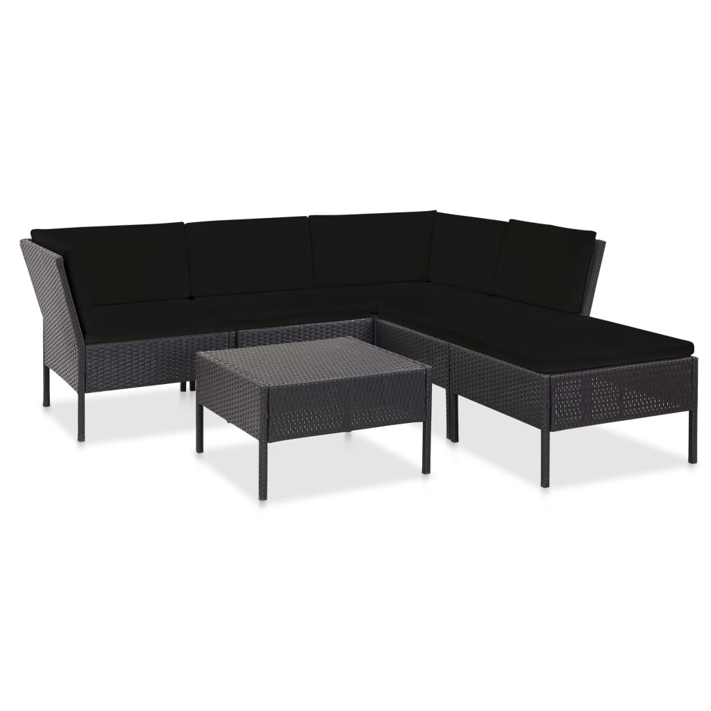6-részes fekete polyrattan kerti bútorszett párnákkal