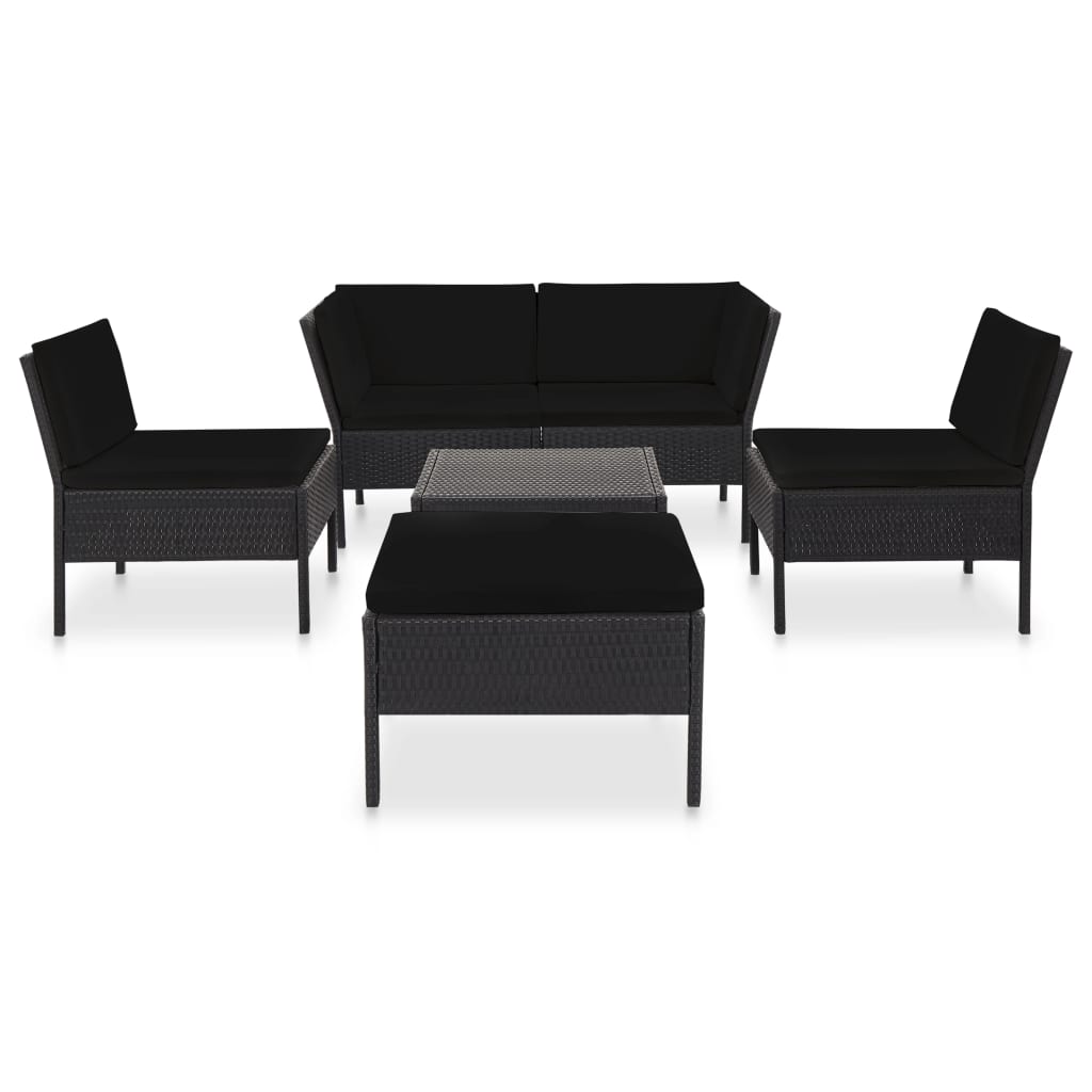 6-részes fekete polyrattan kerti bútorszett párnákkal