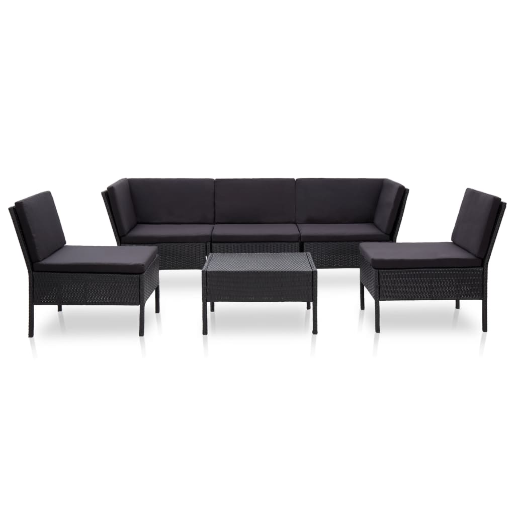 6 részes fekete polyrattan kerti bútorszett párnákkal