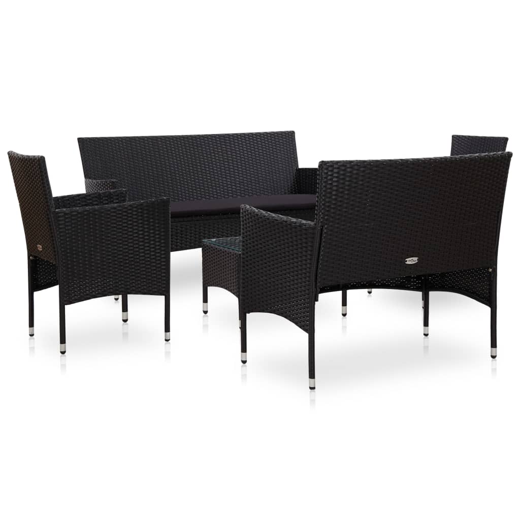 5 részes fekete polyrattan kerti bútorszett párnákkal