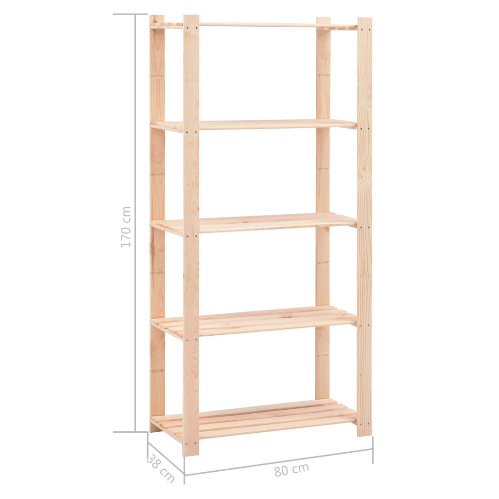 3 db 5-szintes tömör fenyőfa tárolópolc 250 kg 80 x 38 x 170 cm