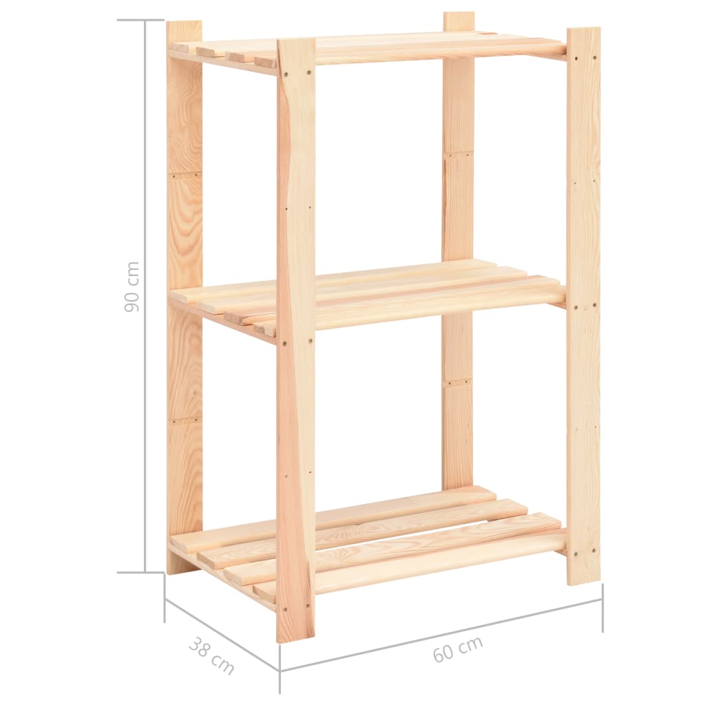 3 db 3-szintes tömör fenyőfa tárolópolc 150 kg 60 x 38 x 90 cm