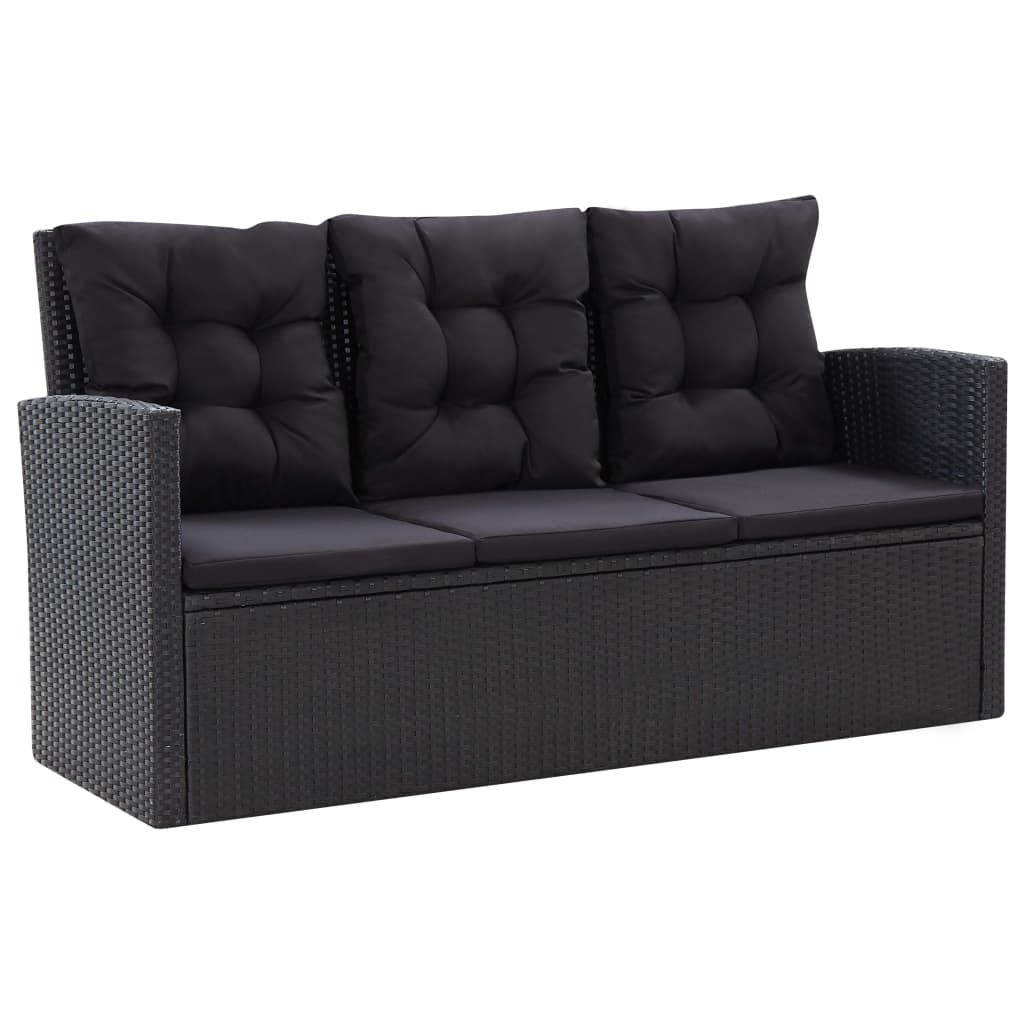6 részes fekete polyrattan kerti bútorszett párnákkal