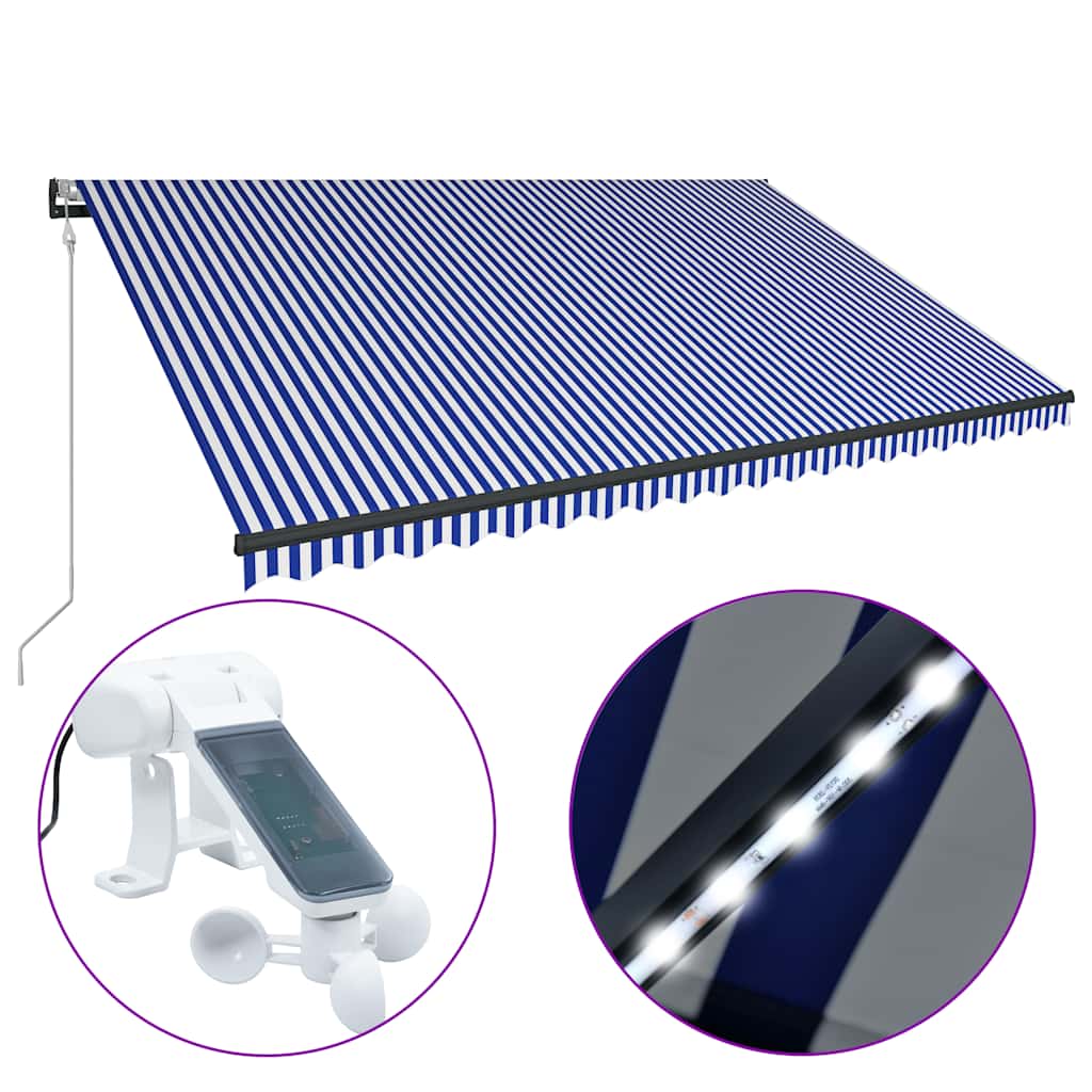 kék és fehér szélérzékelős és LED-es napellenző 500 x 300 cm