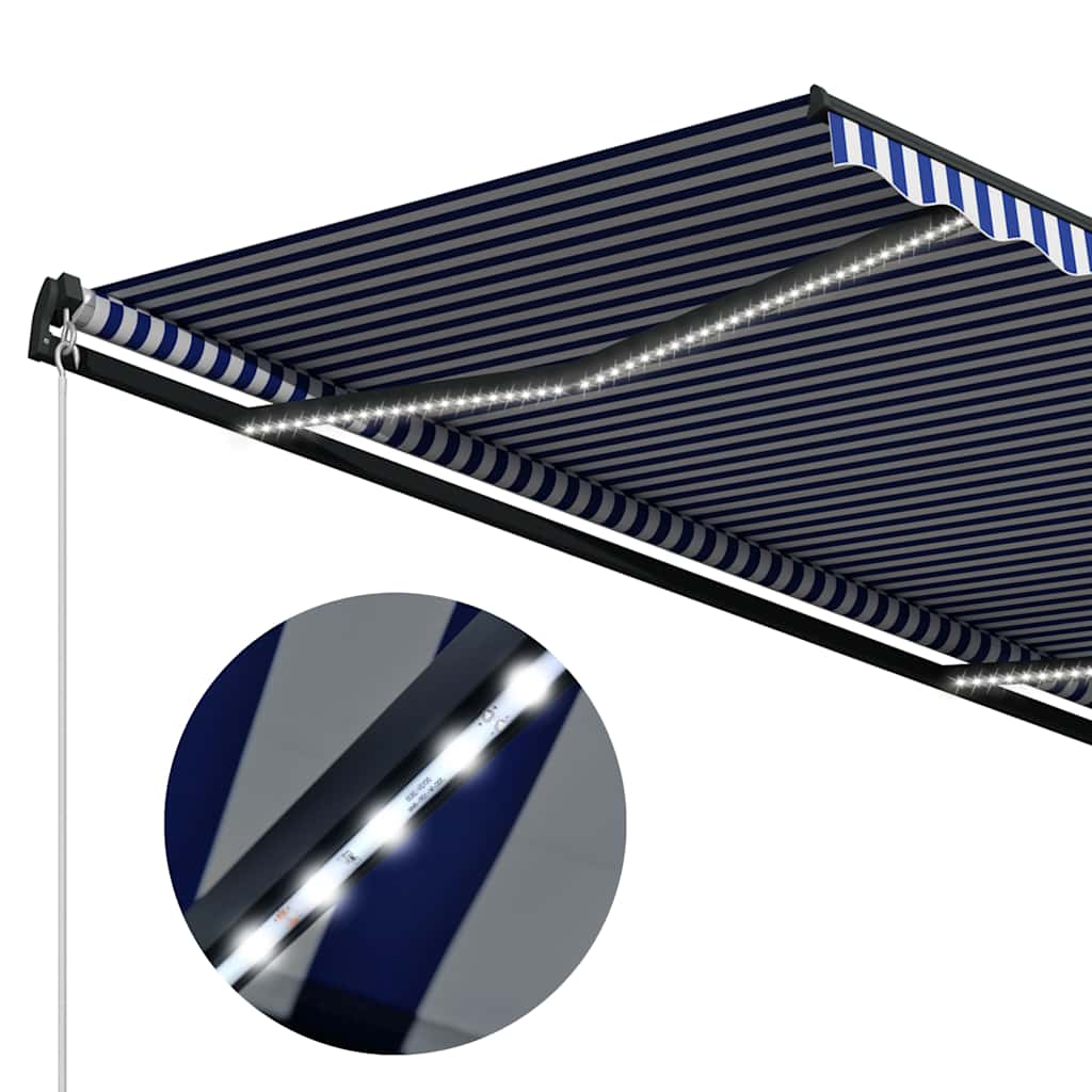 kék és fehér szélérzékelős és LED-es napellenző 500 x 300 cm
