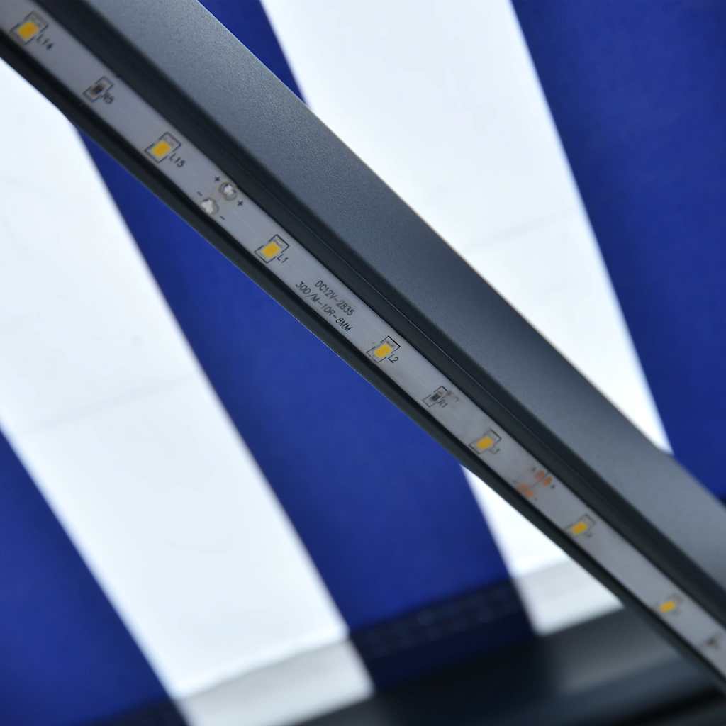 kék és fehér szélérzékelős és LED-es napellenző 500 x 300 cm