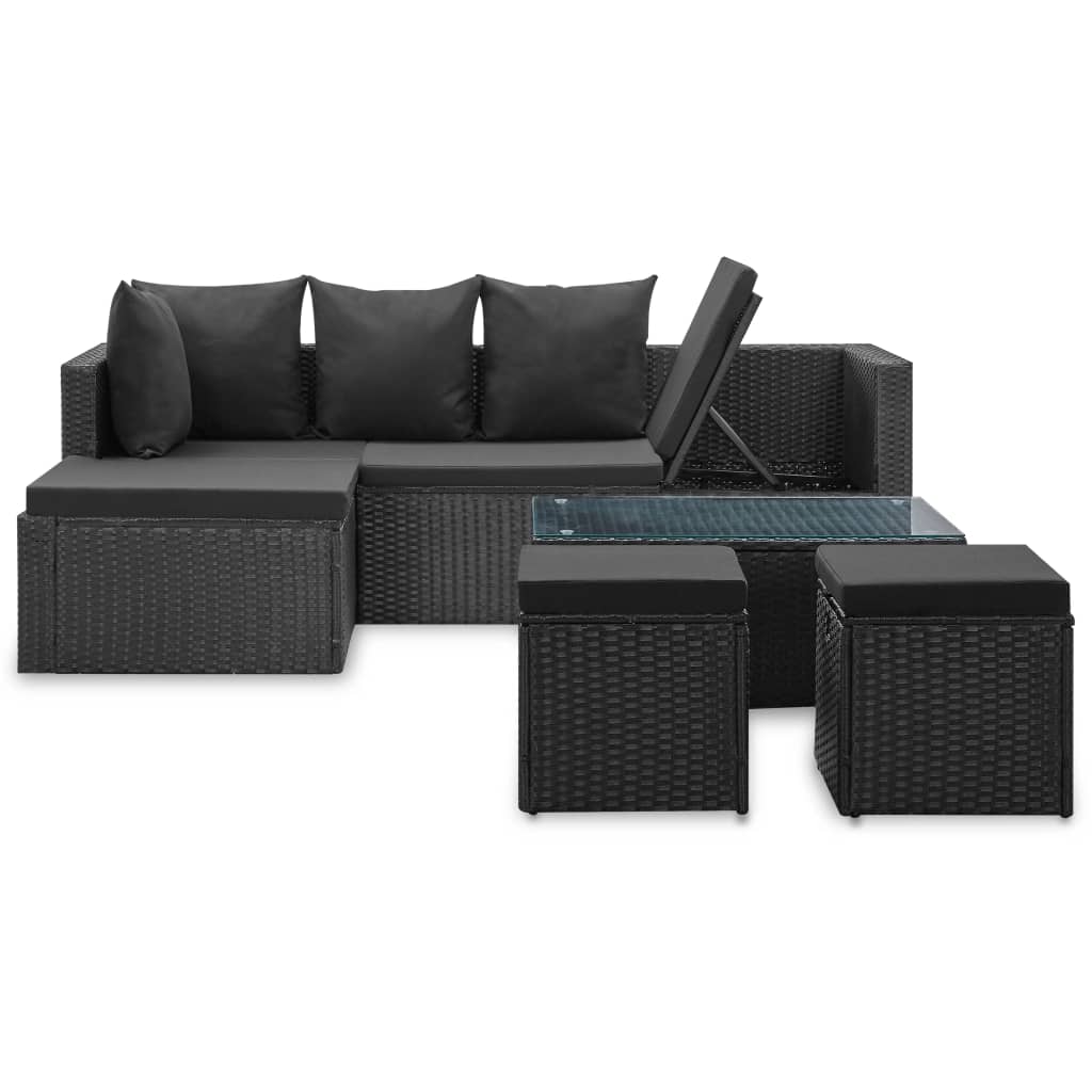 4 részes fekete polyrattan kerti bútorszett párnákkal