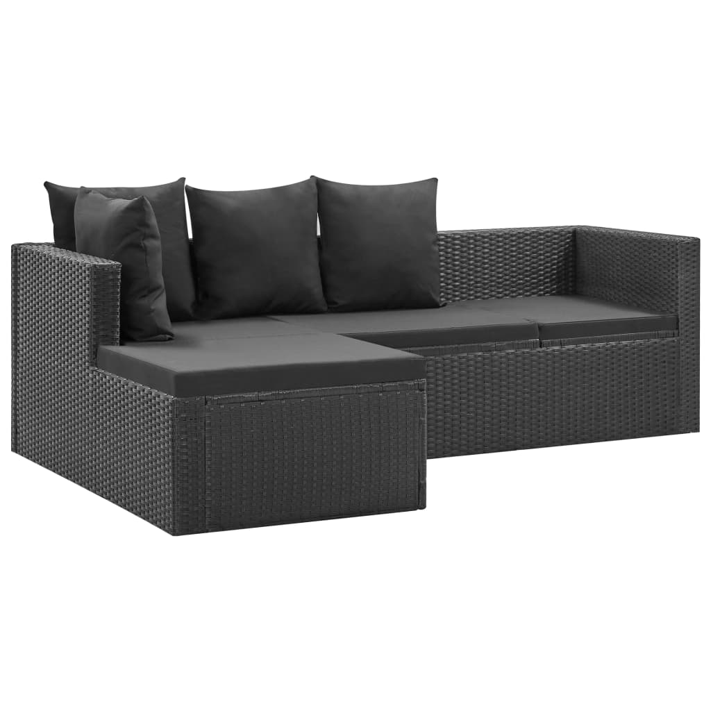4 részes fekete polyrattan kerti bútorszett párnákkal