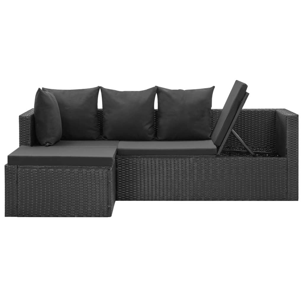 4 részes fekete polyrattan kerti bútorszett párnákkal