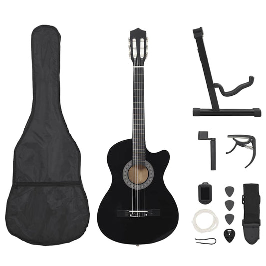 12 részes fekete 6 húros klasszikus western gitár szett 38"