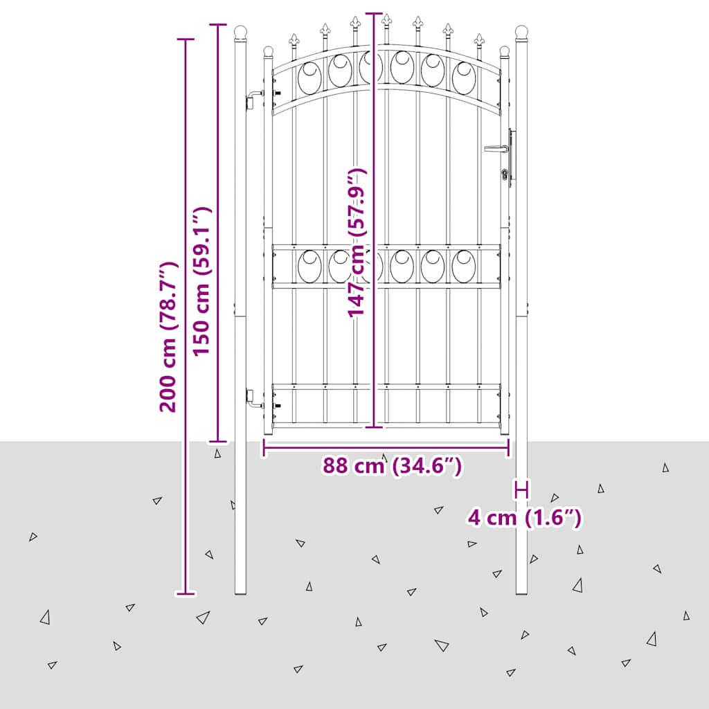 fekete acél kerítéskapu cövekekkel 100 x 200 cm