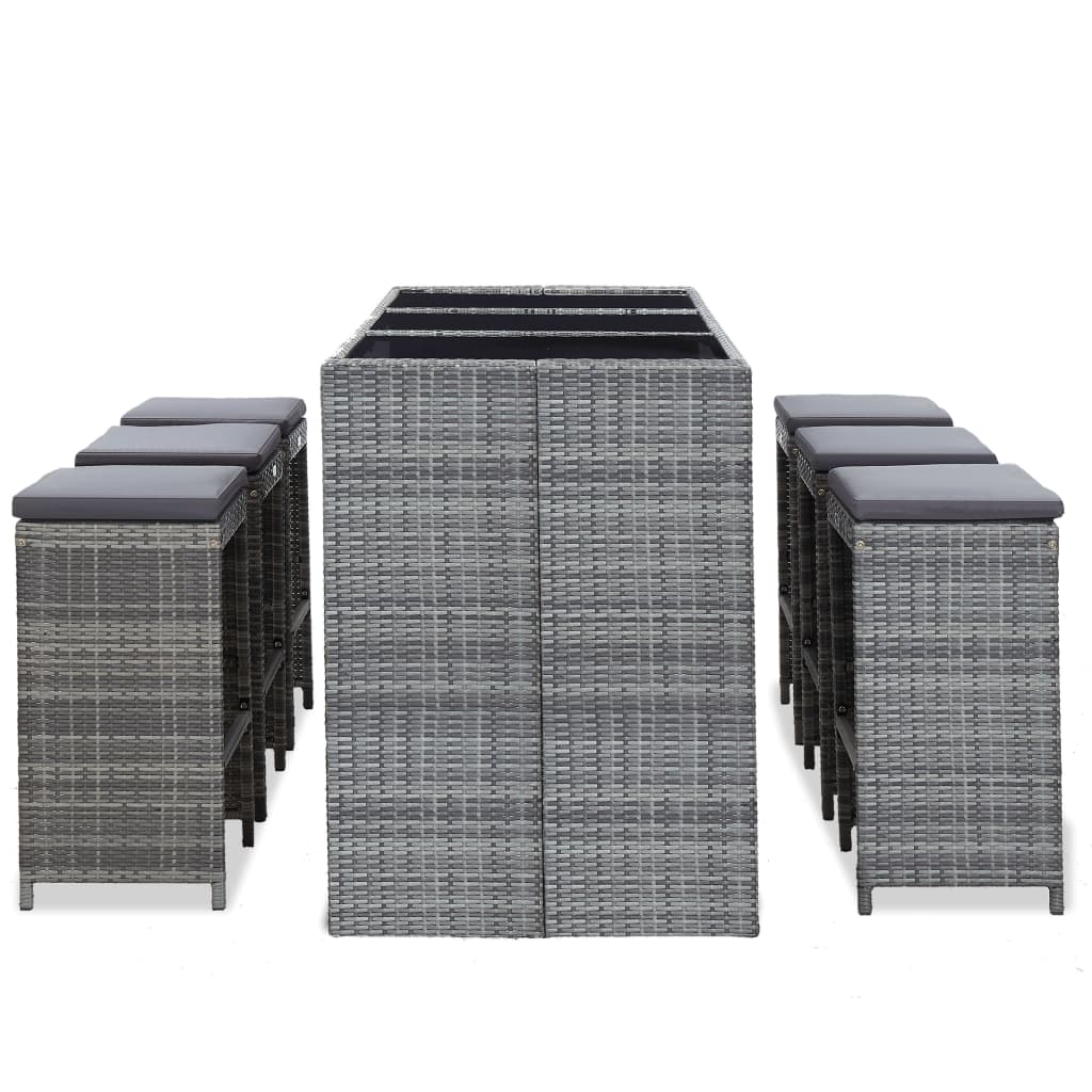 7 darabos szürke polyrattan kerti bárszett párnákkal