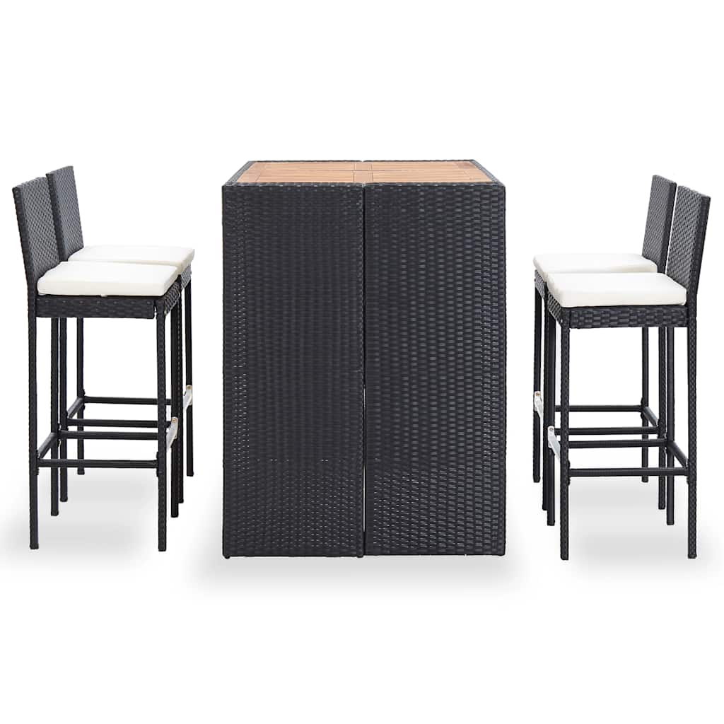 5 részes fekete kültéri polyrattan és akácfa bárgarnitúra