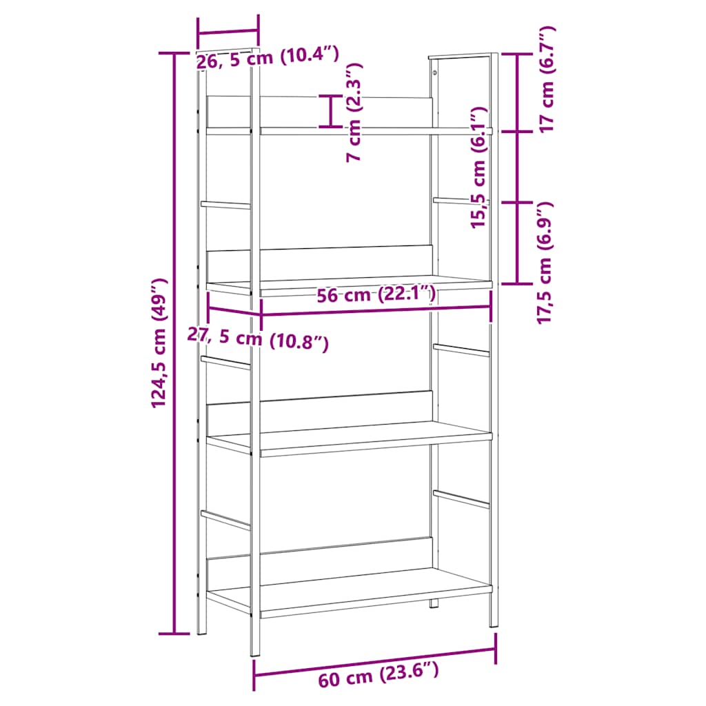 4 szintes fekete szerelt fa könyvespolc 60 x 27,6 x 124,5 cm