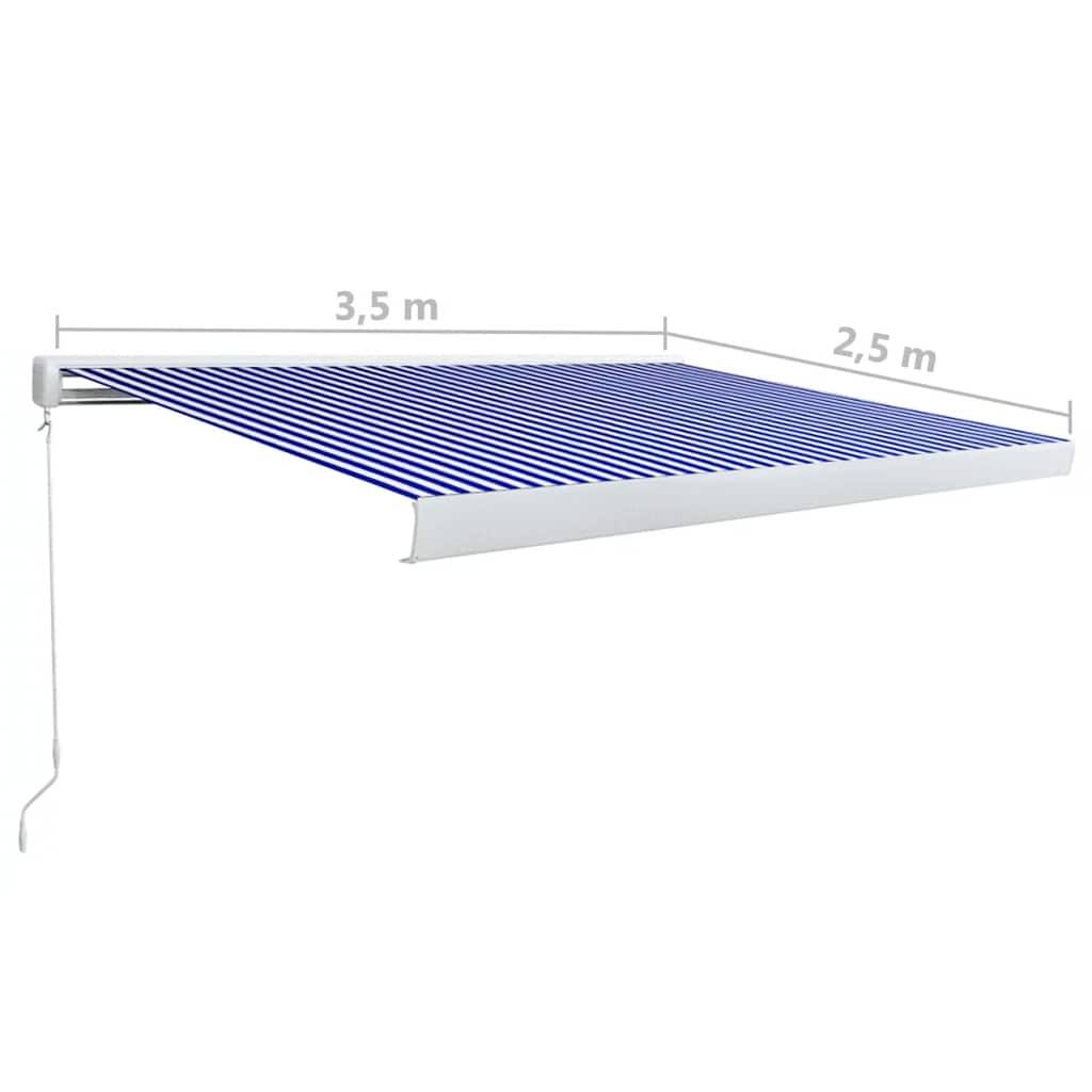 kék és fehér manuális, kazettás napellenző 350 x 250 cm