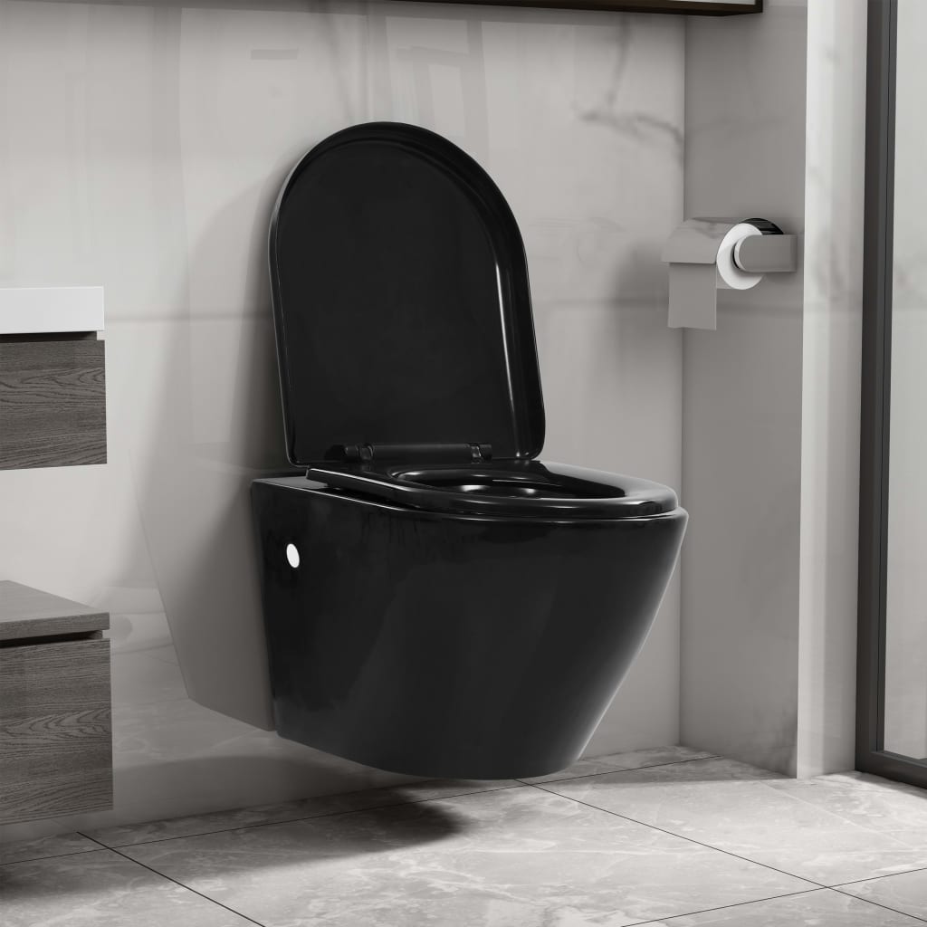 fekete falra szerelhető kerámia WC rejtett öblítőtartállyal