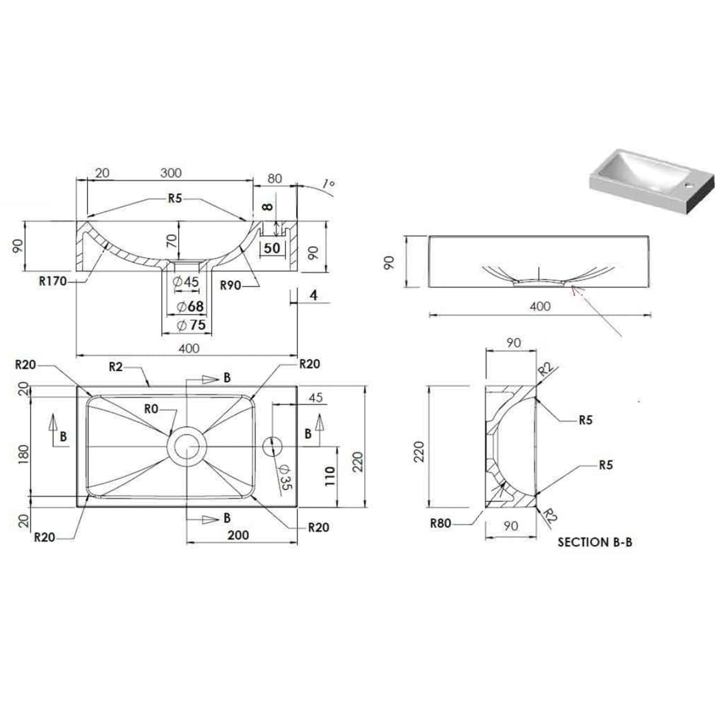 fehér SMC mosdókagyló 400 x 220 x 90 mm