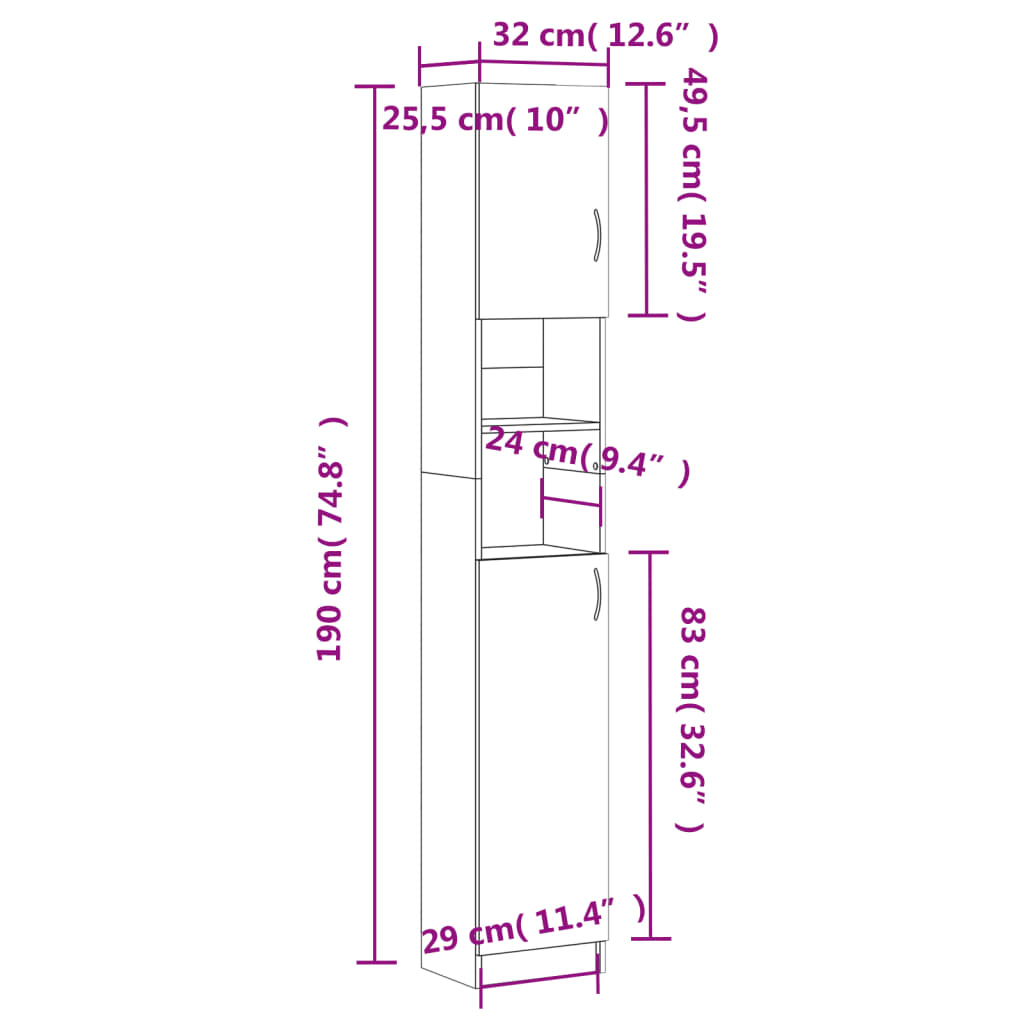 betonszürke szerelt fa fürdőszobaszekrény 32 x 25,5 x 190 cm