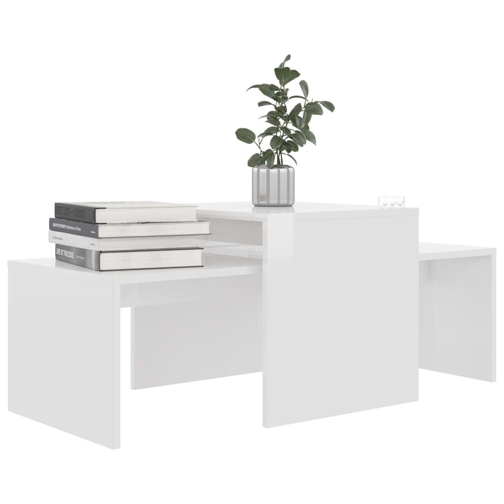 magasfényű fehér szerelt fa dohányzóasztal szett 100x48x40 cm