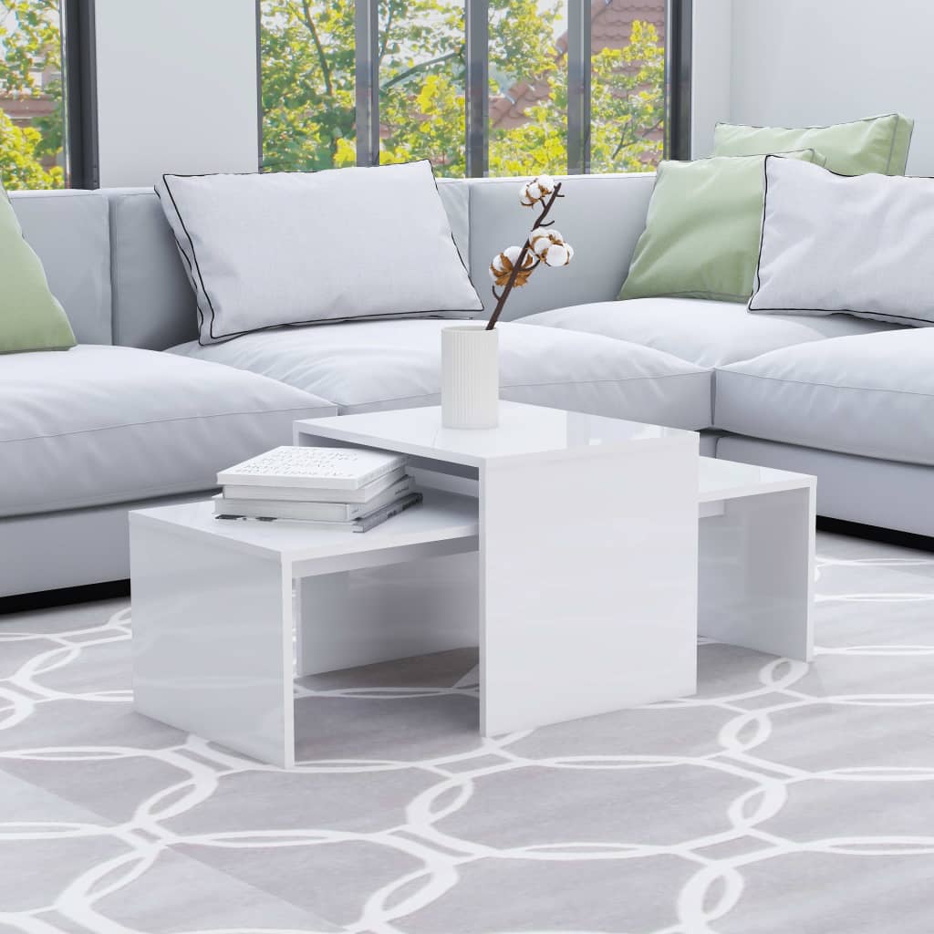 magasfényű fehér szerelt fa dohányzóasztal szett 100x48x40 cm