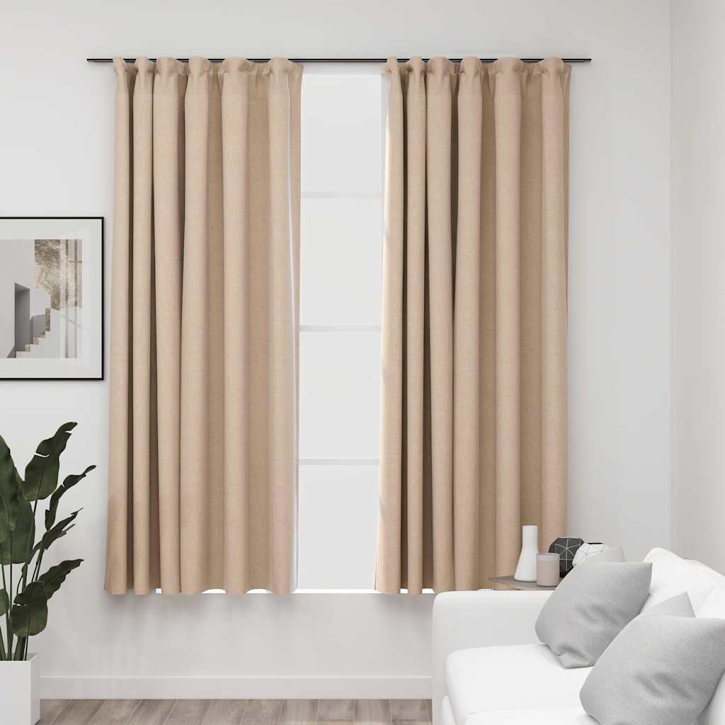 2 db bézs vászonhatású sötétítőfüggöny kampókkal 140 x 175 cm