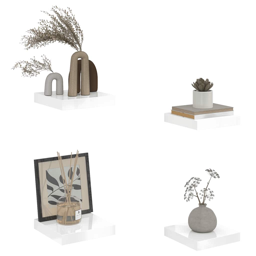 4 db magasfényű fehér MDF lebegő fali polc 23 x 23,5 x 3,8 cm