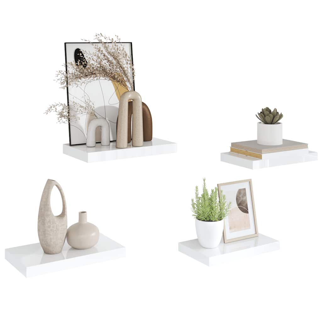 4 db magasfényű fehér MDF lebegő fali polc 40 x 23,5 x 3,8 cm