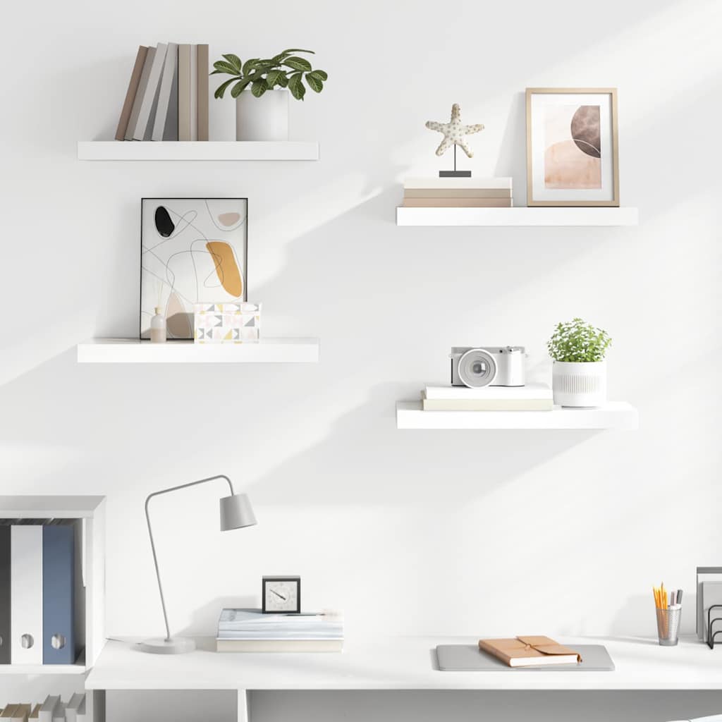 4 db magasfényű fehér MDF lebegő fali polc 50 x 23,5 x 3,8 cm