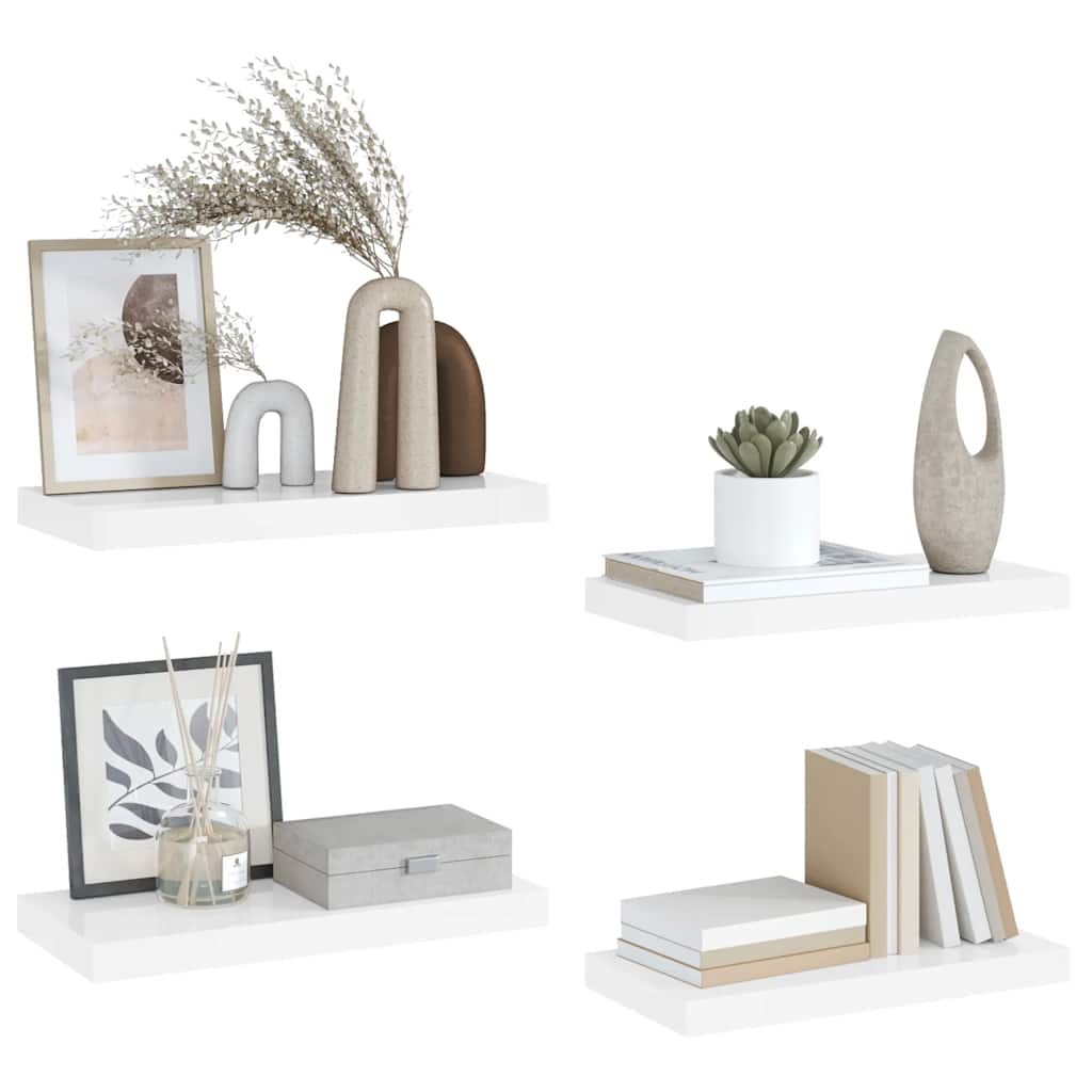 4 db magasfényű fehér MDF lebegő fali polc 50 x 23,5 x 3,8 cm
