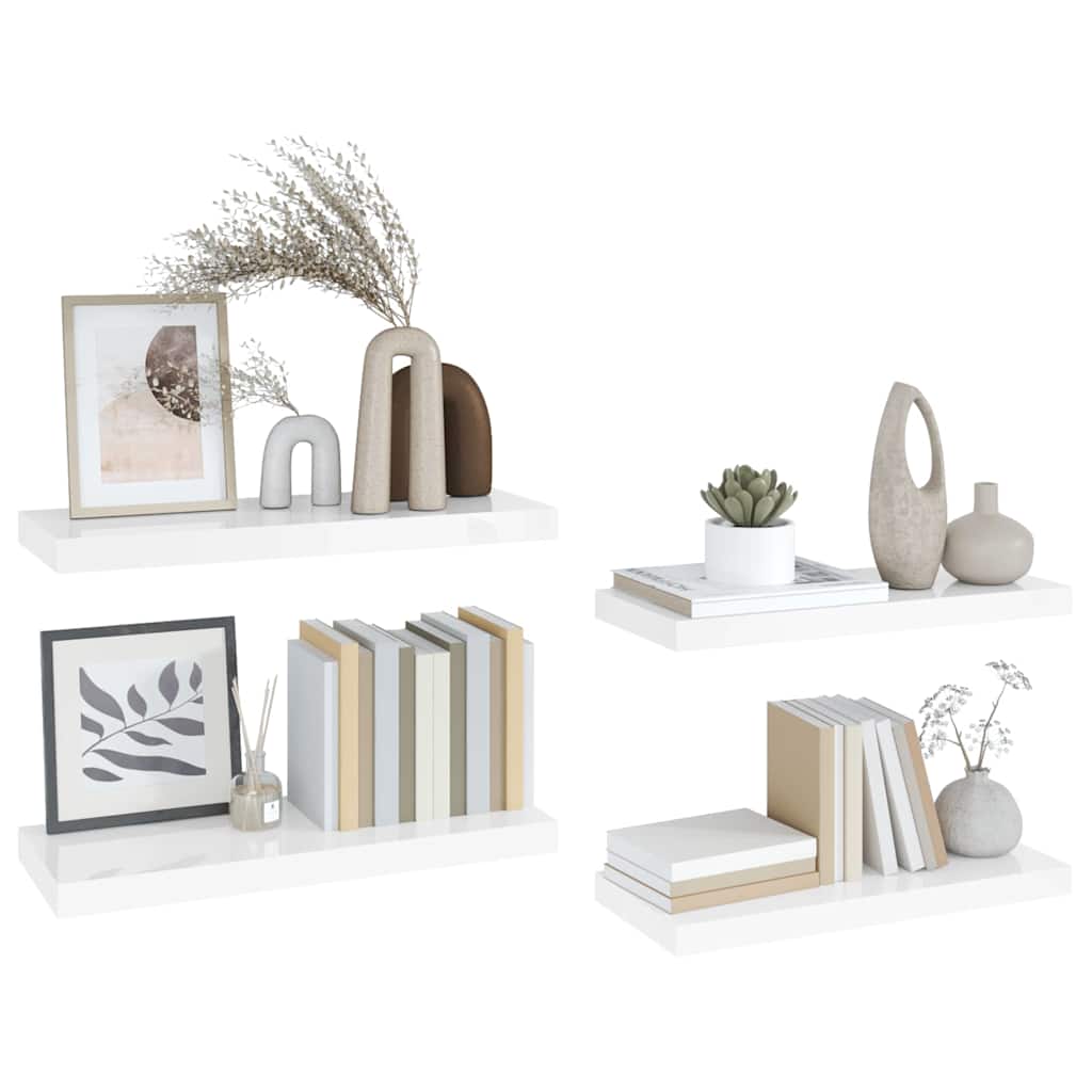 4 db magasfényű fehér MDF lebegő fali polc 60 x 23,5 x 3,8 cm