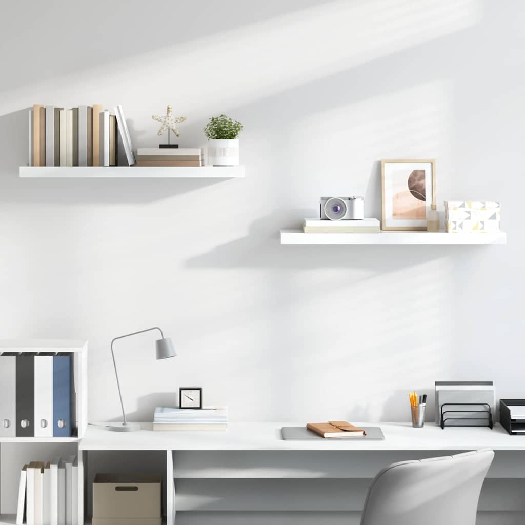 2 db magasfényű fehér MDF lebegő fali polc 90 x 23,5 x 3,8 cm