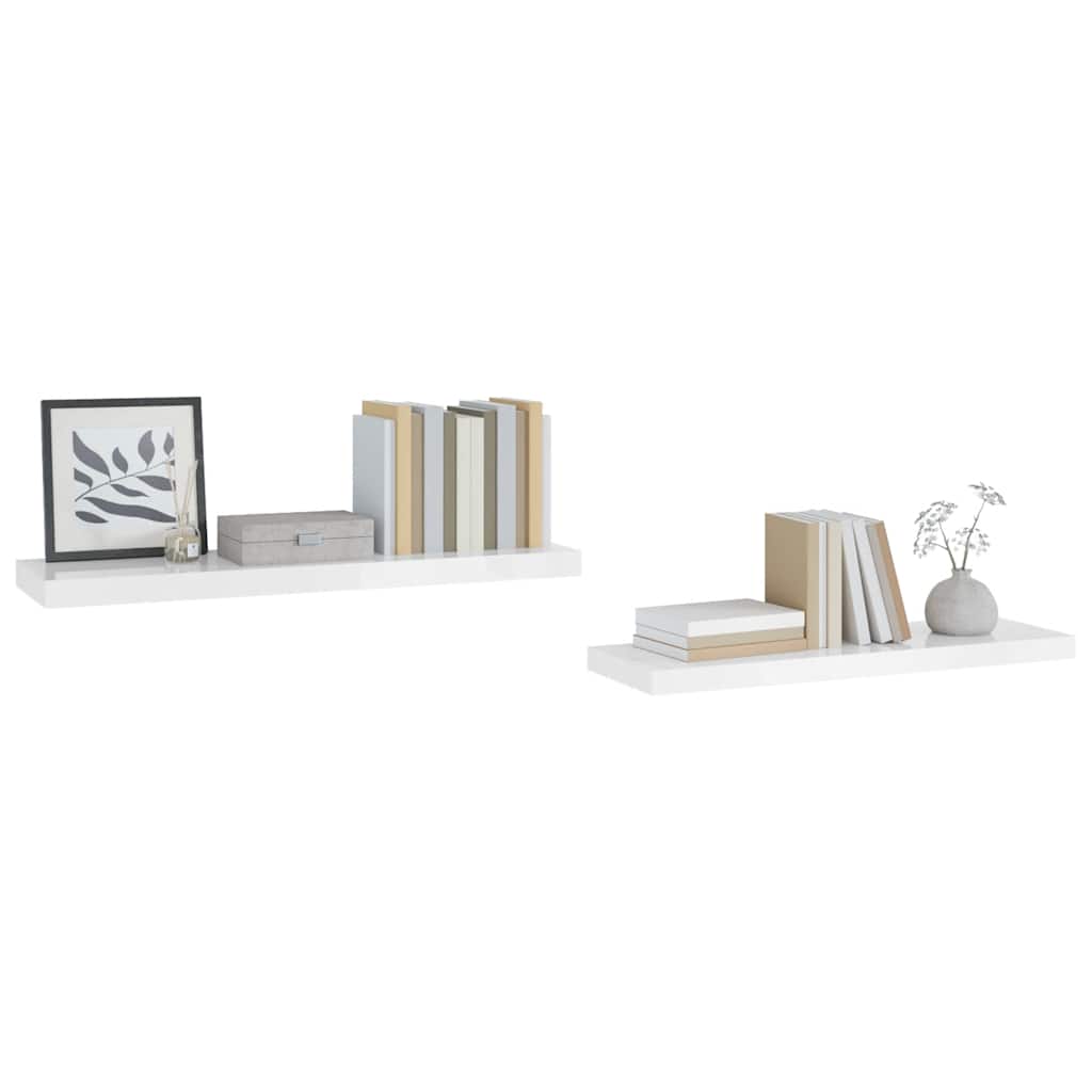 2 db magasfényű fehér MDF lebegő fali polc 90 x 23,5 x 3,8 cm