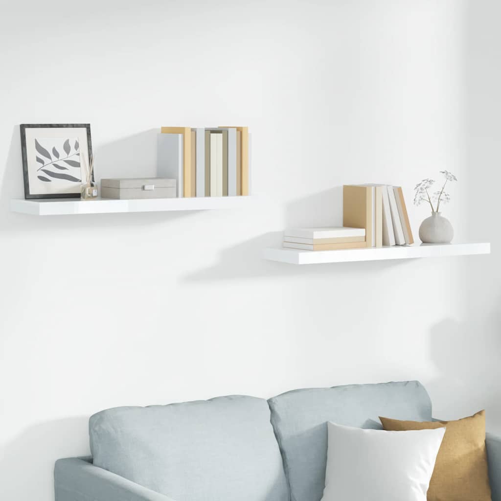 2 db magasfényű fehér MDF lebegő fali polc 90 x 23,5 x 3,8 cm