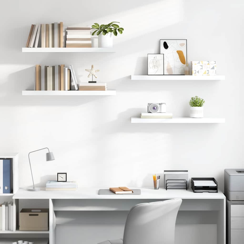 4 db magasfényű fehér MDF lebegő fali polc 90 x 23,5 x 3,8 cm