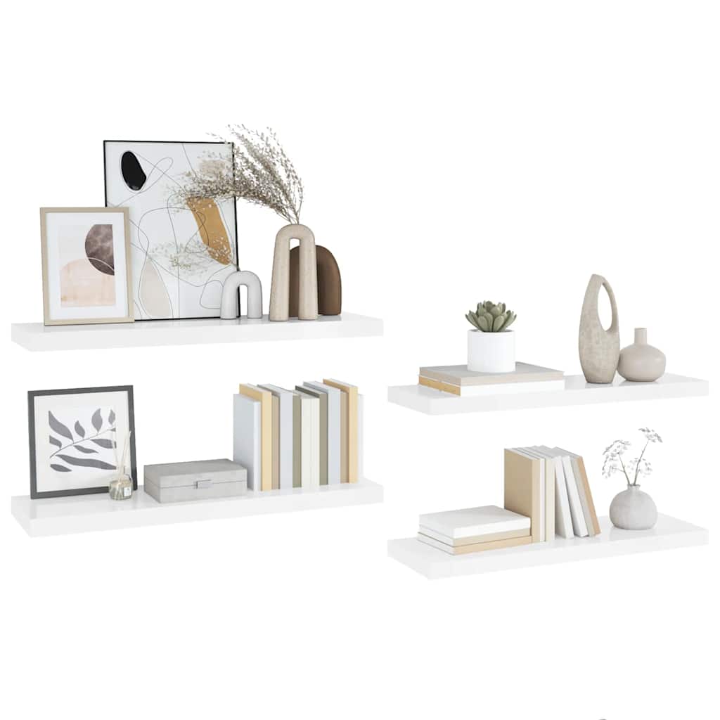 4 db magasfényű fehér MDF lebegő fali polc 90 x 23,5 x 3,8 cm