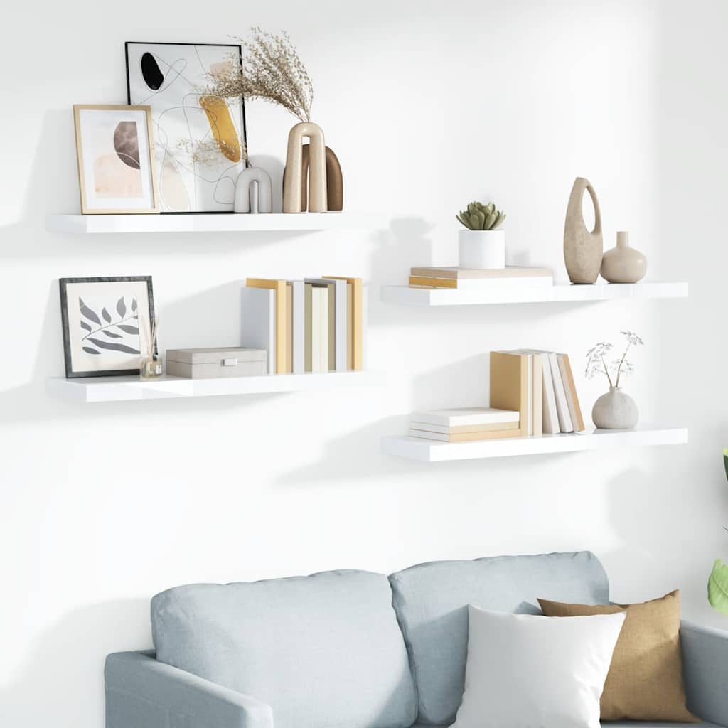 4 db magasfényű fehér MDF lebegő fali polc 90 x 23,5 x 3,8 cm