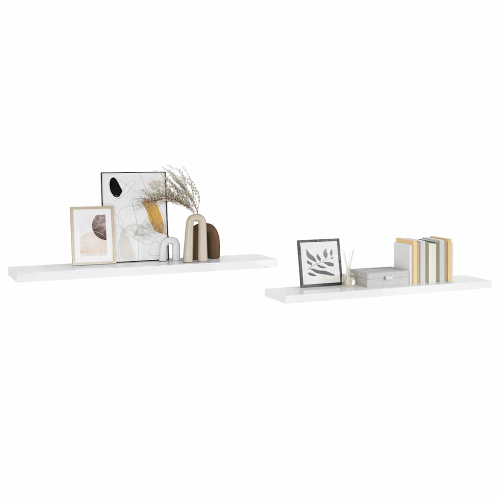 2 db magasfényű fehér MDF lebegő fali polc 120 x 23,5 x 3,8 cm
