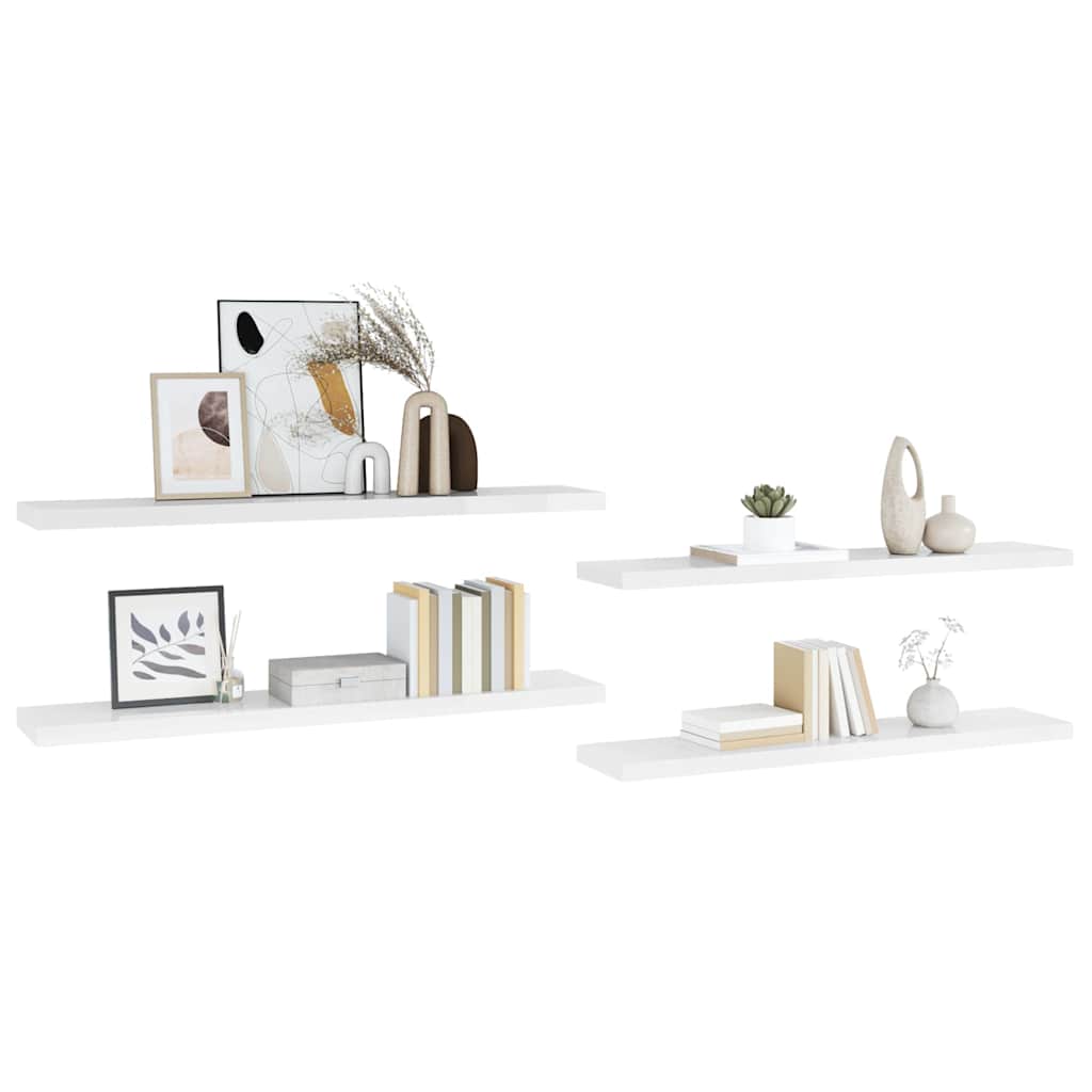 4 db magasfényű fehér MDF lebegő fali polc 120 x 23,5 x 3,8 cm