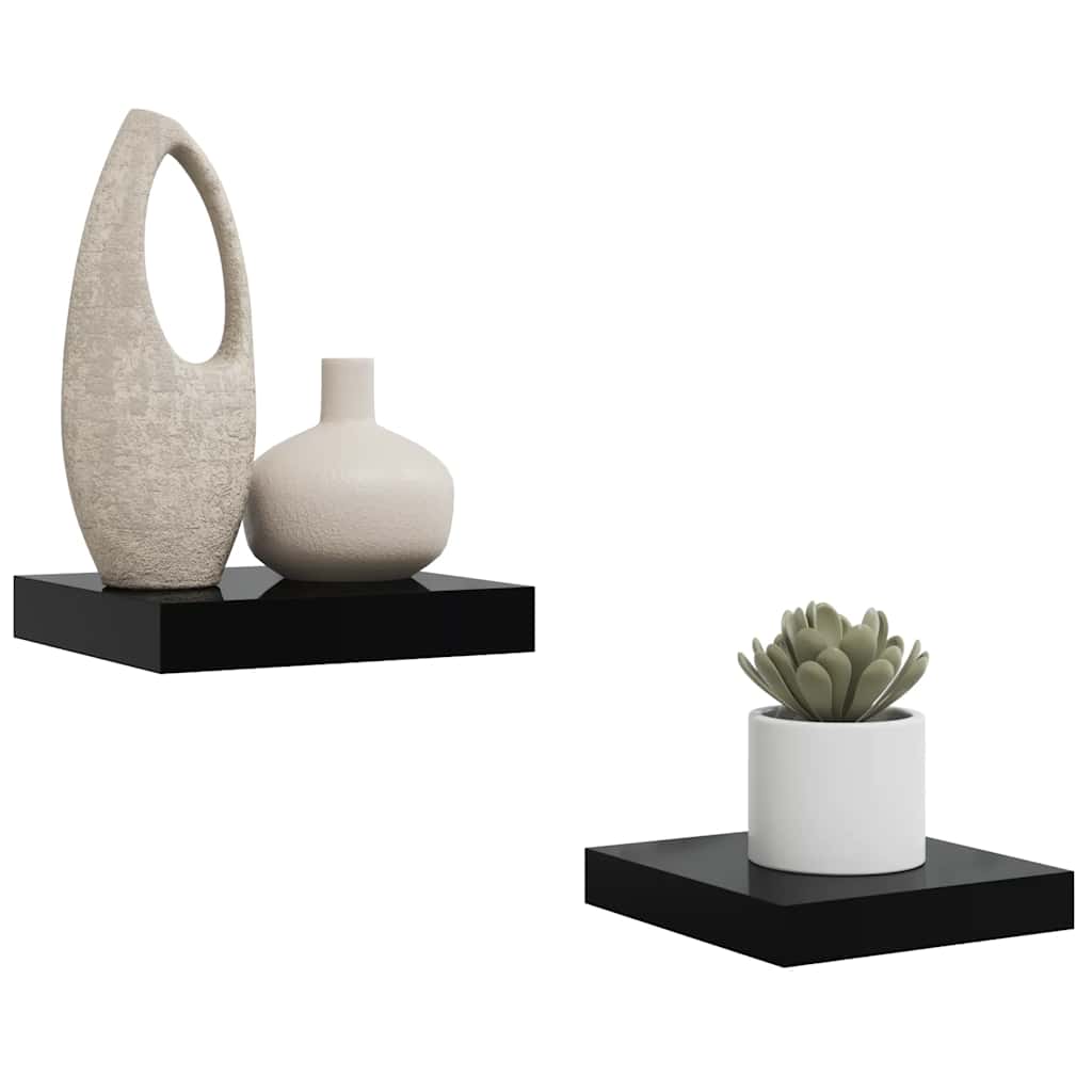2 db magasfényű fekete MDF lebegő fali polc 23 x 23,5 x 3,8 cm