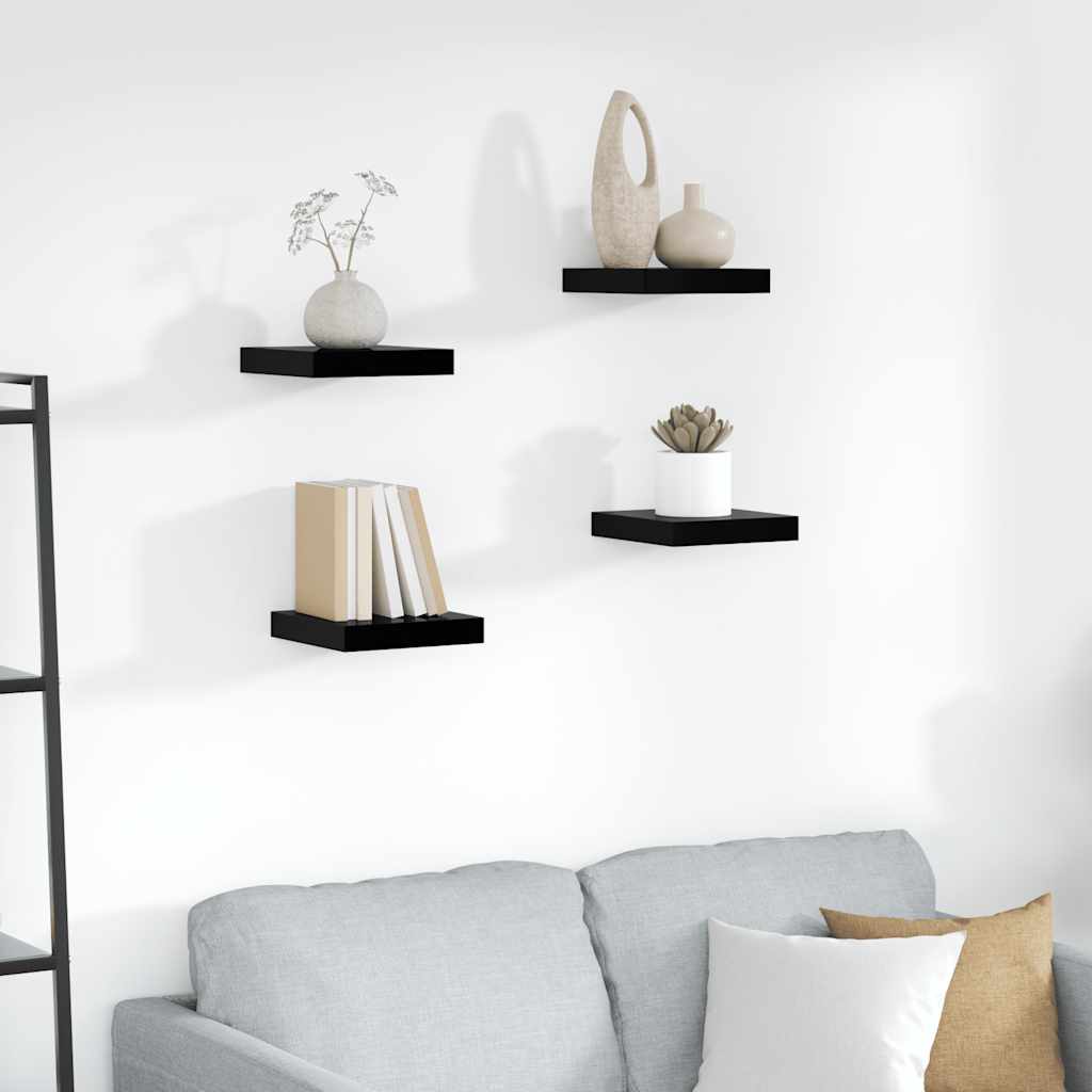 4 db magasfényű fekete MDF lebegő fali polc 23 x 23,5 x 3,8 cm