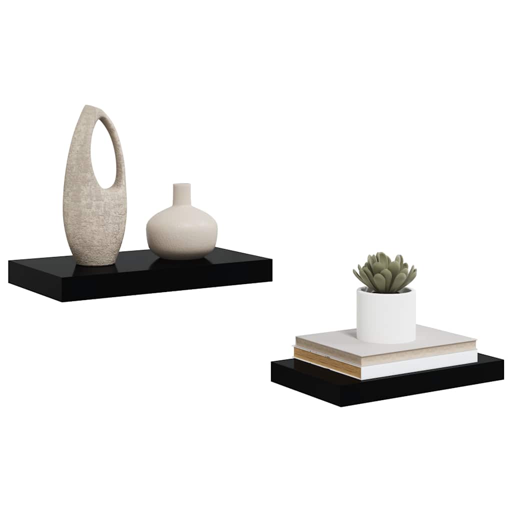 2 db magasfényű fekete MDF lebegő fali polc 40 x 23,5 x 3,8 cm
